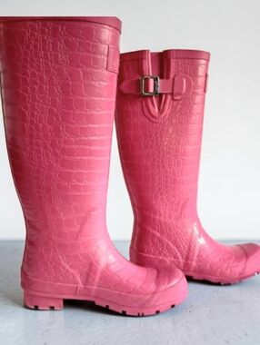 Joules Crockington Ladies Adjustable Tall Wellies Pink Rain Boots Sz 6 EUC
